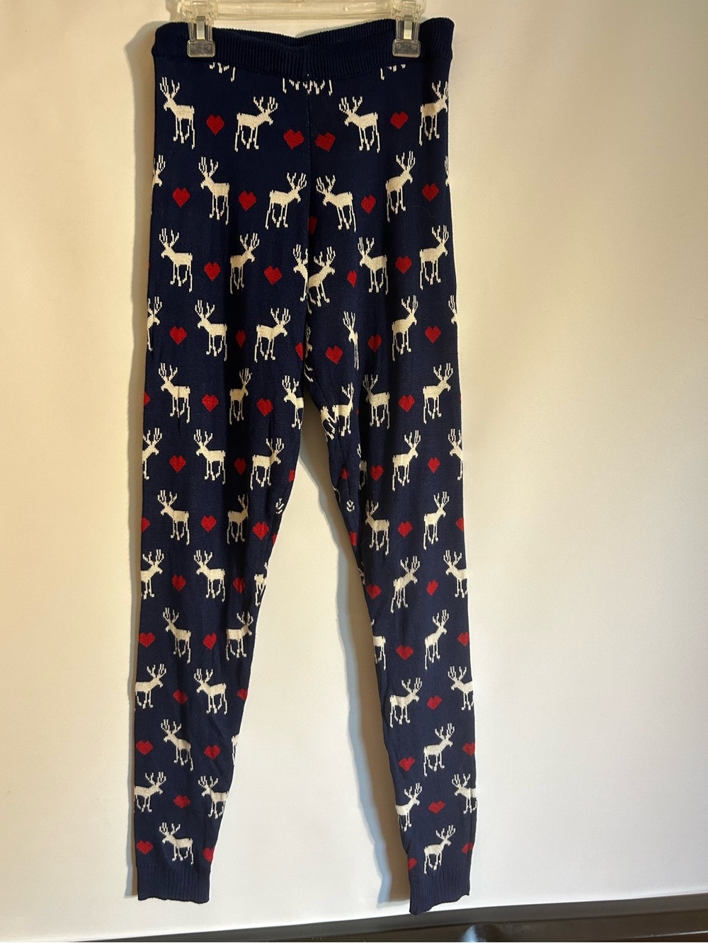 LOVE BY DESIGN NAVY HOLIDAY KNIT PAJAMA PANTS REINDEER & RED HEARTS SIZE SMALL